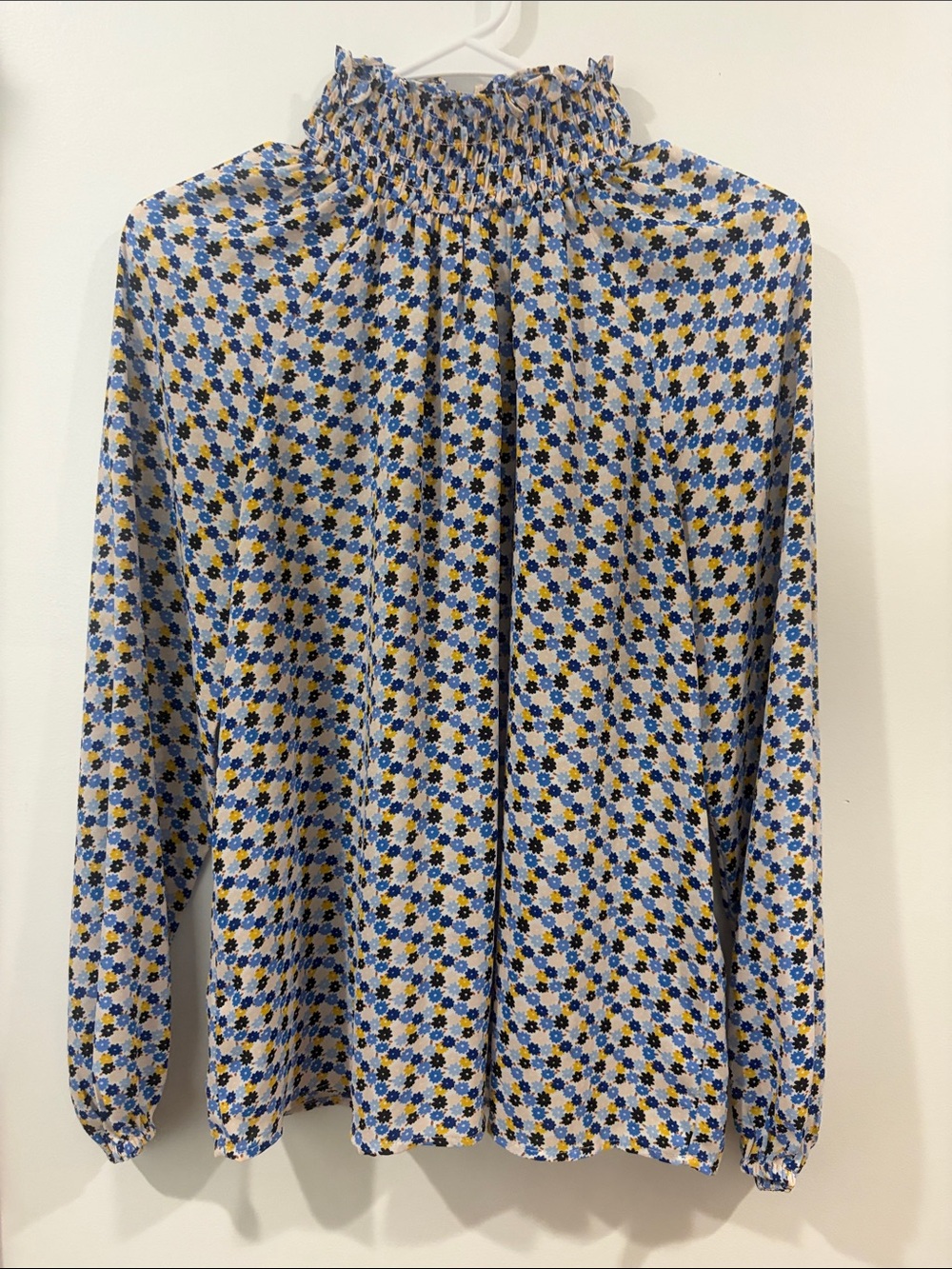 LOFT Blue and Yellow Floral Smocked-Neck Long Sleeve Blouse